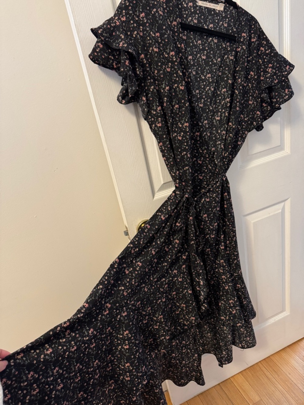 Chelsea & Violet Black Floral Midi Wrap Dress with Ruffle Sleeves